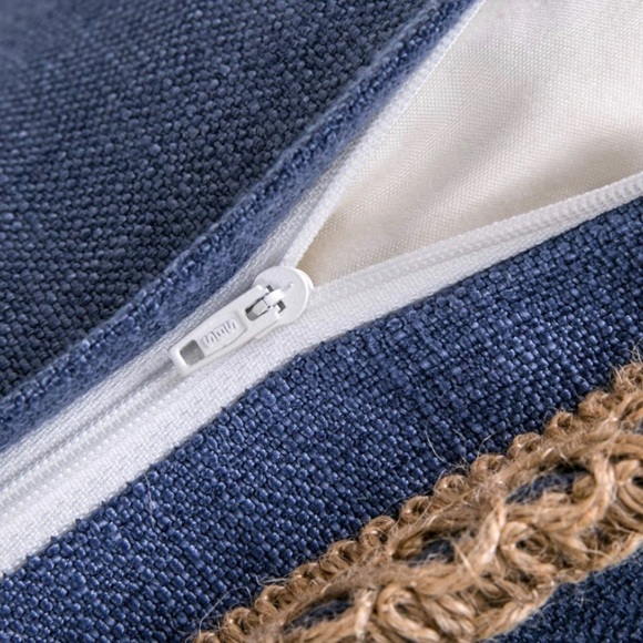 Luxury Home | Navy Blue Rustic Farmhouse Burlap Tailored Edge Euro Pillow Cover - Picture 2 of 6